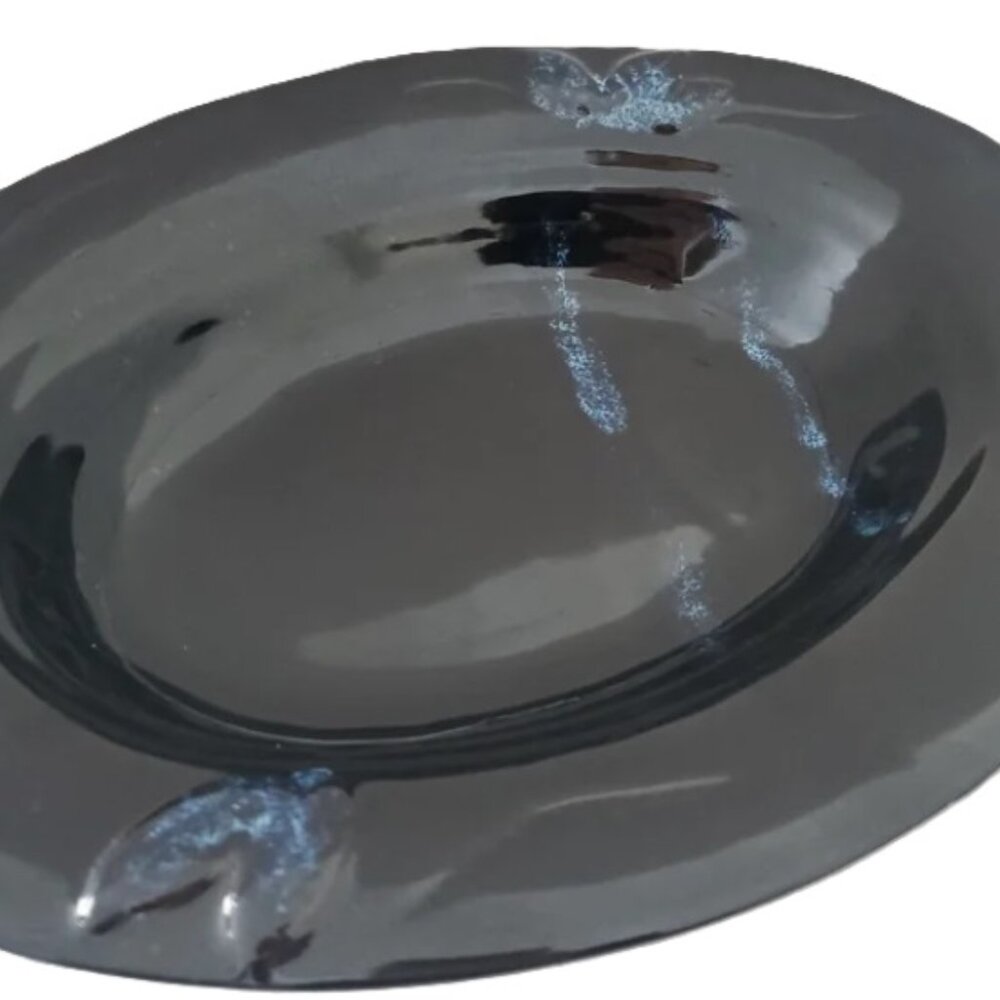 ARTISAN POTTERY Large Black Oval Bowl Cobalt Blue Butterfly & Abstract Design